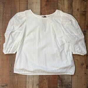 A New Day White Eyelet Lace Puff Sleeve Top Cotton Lined Cottagecore Women’s M